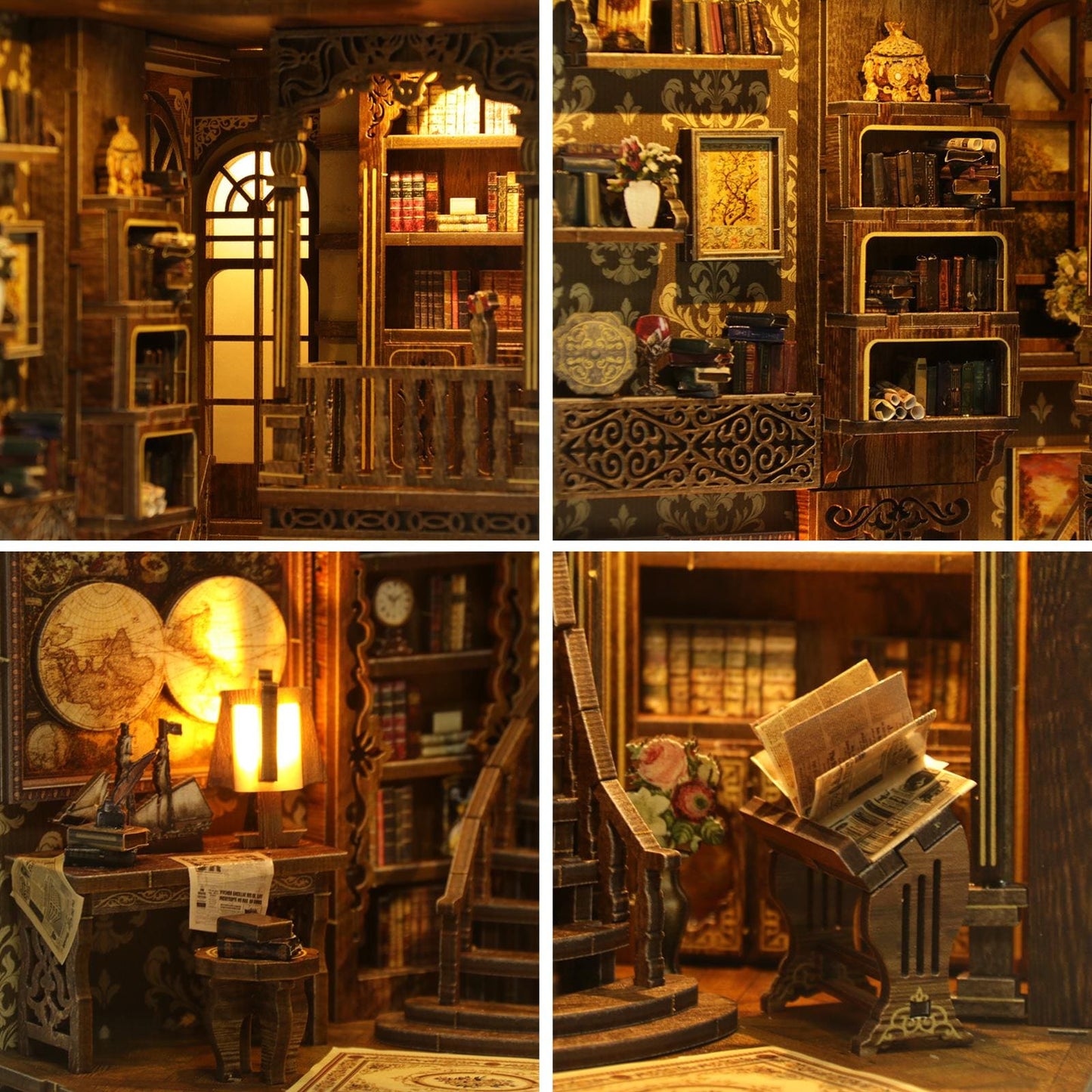May include: A detailed miniature library scene with wooden bookshelves, a desk, and a staircase. The scene includes books, decorative items, and a warm, inviting glow from the lighting. The overall aesthetic is vintage and cosy.