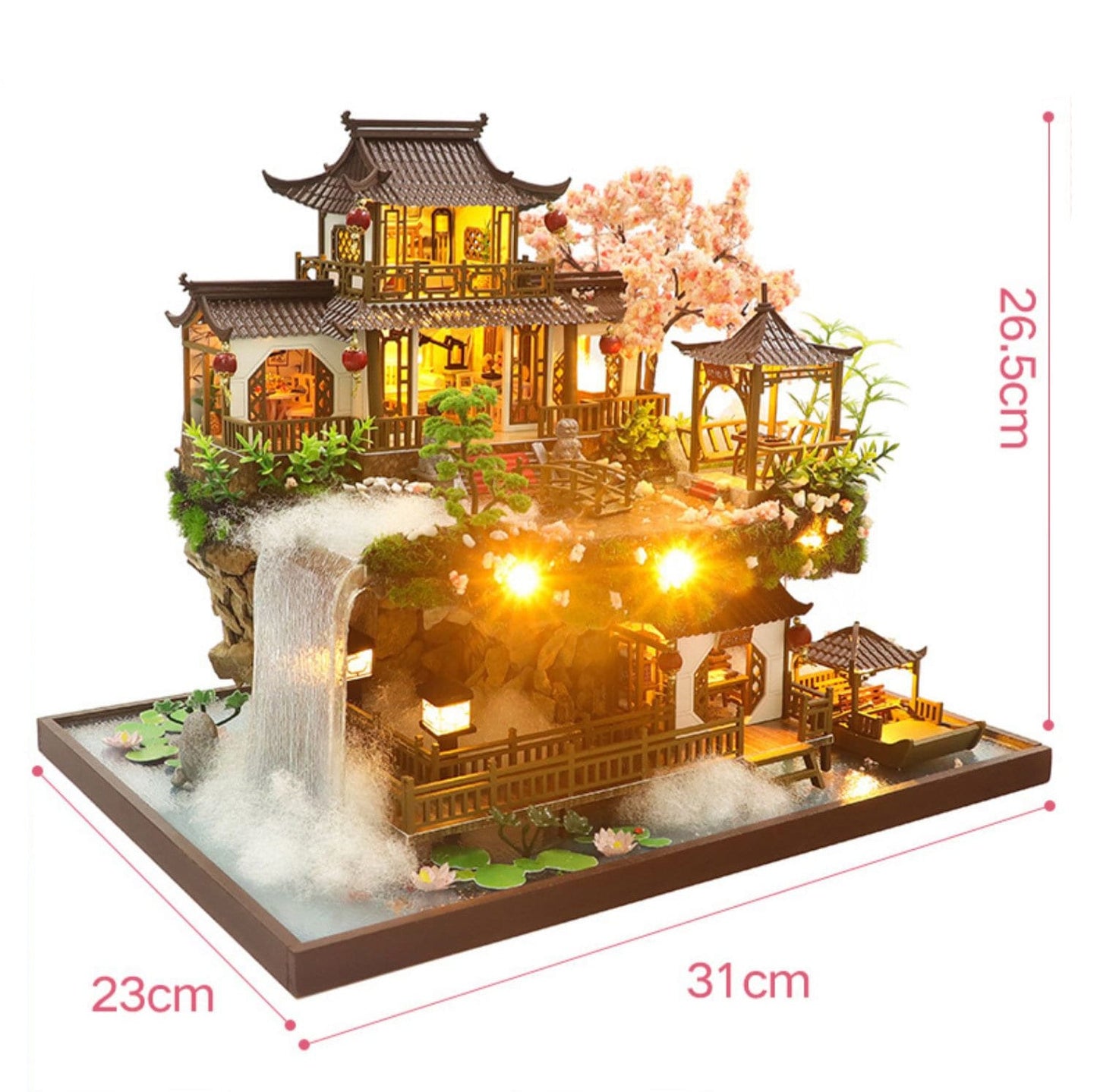 May include: A miniature wooden dollhouse with a traditional Chinese design, featuring a waterfall, a pond, and a cherry blossom tree. The dollhouse is lit with LED lights and measures 26.5 inches tall, 23 inches wide, and 31 inches long.
