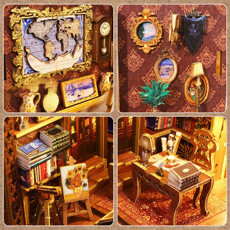 May include: A miniature dollhouse with a detailed interior, featuring a library with bookshelves, a desk with a lamp, and a painting on an easel. The dollhouse also has a decorative wall with a map, a clock, and framed artwork.