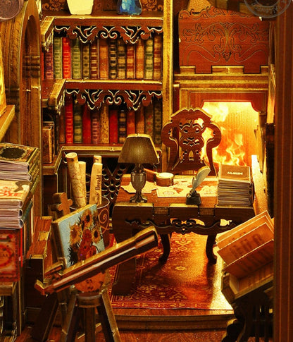 May include: A miniature wooden dollhouse room with a fireplace, a bookshelf filled with books, a wooden chair, a desk with a lamp, a telescope, and a painting on an easel. The room is decorated with a rug and a wooden floor.