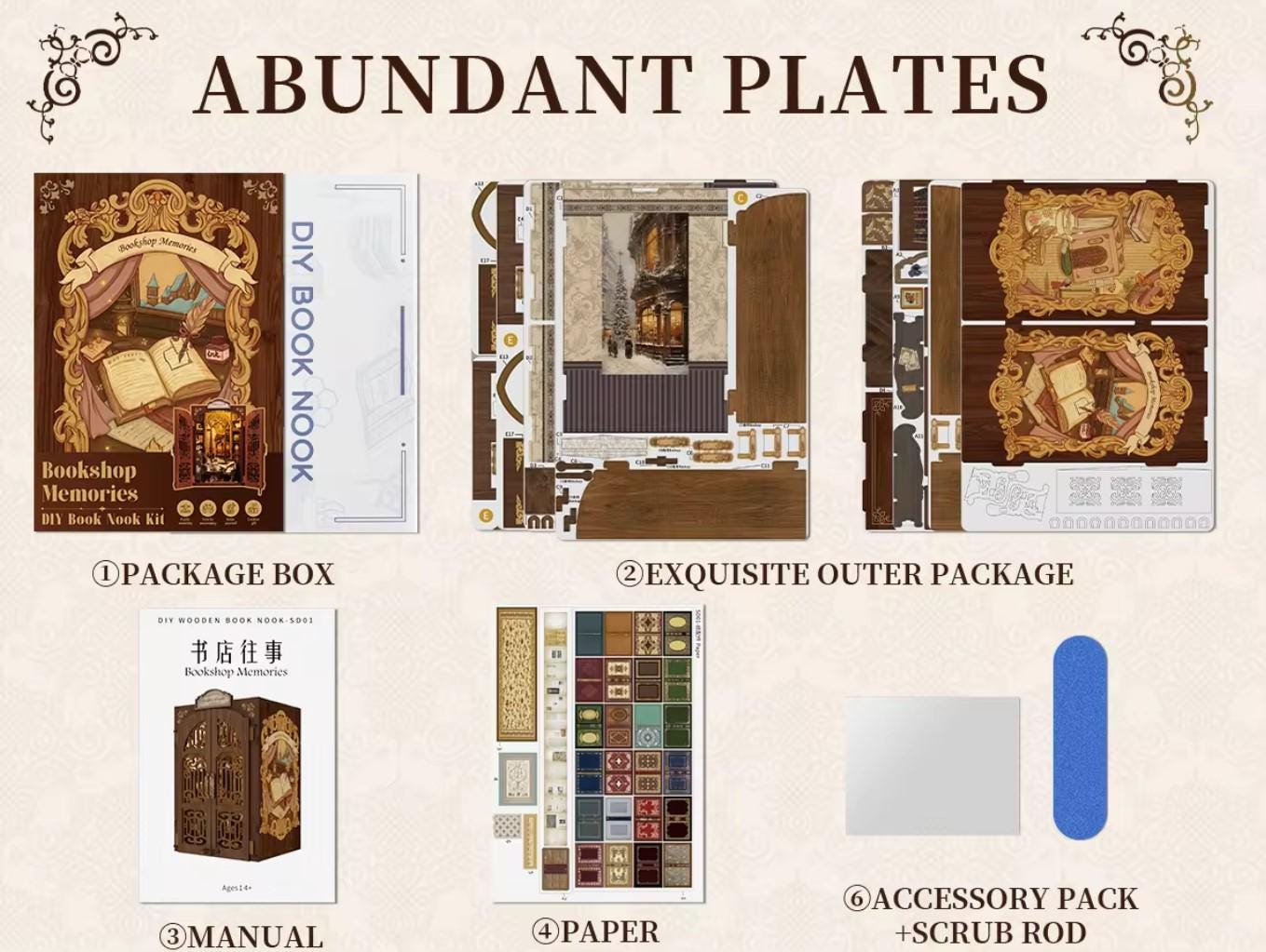 May include: A DIY book nook kit with a brown wooden box, a detailed instruction manual, and a sheet of paper with various pieces to assemble. The box features a design of a bookshop with the text "Bookshop Memories DIY Book Nook Kit".
