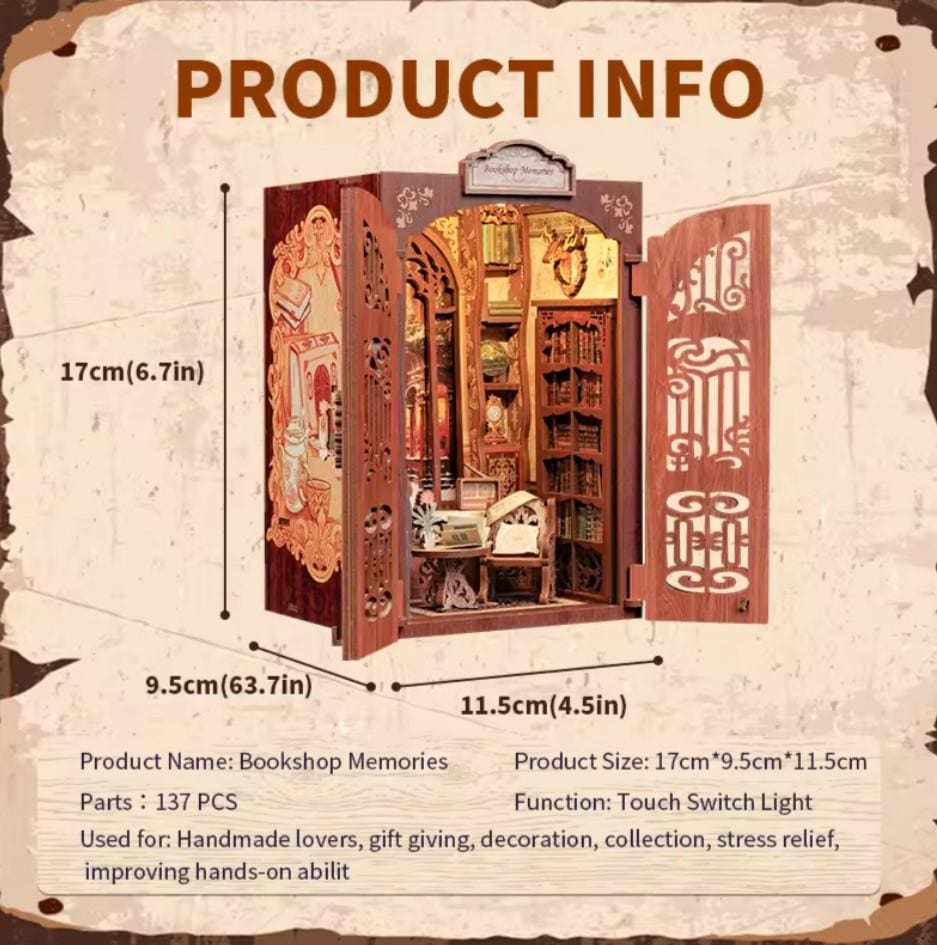 May include: A wooden model kit of a bookshop with a touch switch light. The model is 6.7 inches tall, 4.5 inches wide, and 3.7 inches deep. The kit includes 137 pieces and is used for handmade lovers, gift giving, decoration, collection, stress relief, and improving hands-on ability.