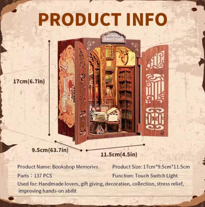 May include: A wooden model kit of a bookshop with a touch switch light. The model is 6.7 inches tall, 4.5 inches wide, and 3.7 inches deep. The kit includes 137 pieces and is used for handmade lovers, gift giving, decoration, collection, stress relief, and improving hands-on ability.