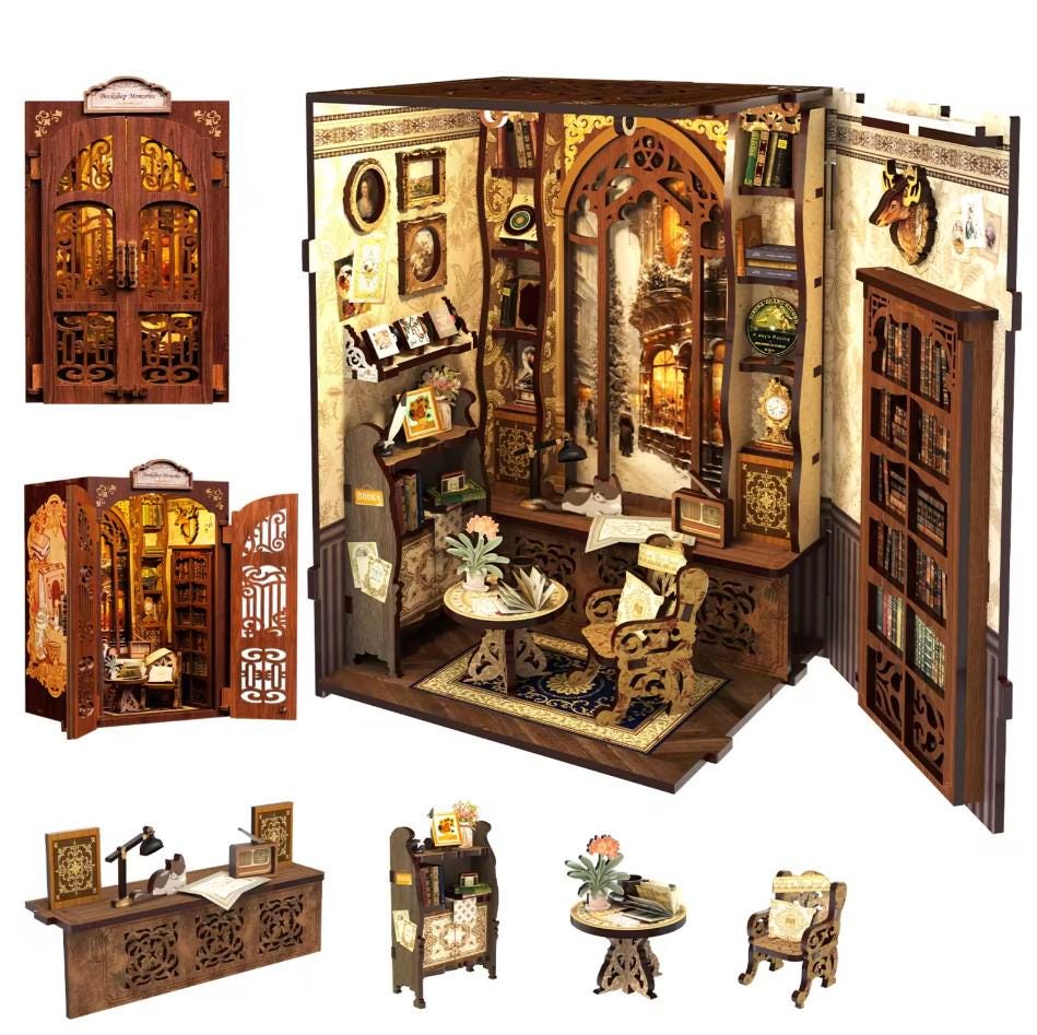 May include: A wooden miniature dollhouse model of a library with a detailed interior, including bookshelves, a desk, a chair, and a window. The dollhouse is made of wood and has a brown finish. The dollhouse is open and the interior is visible. The dollhouse is a great addition to any home decor.