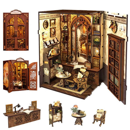 May include: A wooden miniature dollhouse model of a library with a detailed interior, including bookshelves, a desk, a chair, and a window. The dollhouse is made of wood and has a brown finish. The dollhouse is open and the interior is visible. The dollhouse is a great addition to any home decor.