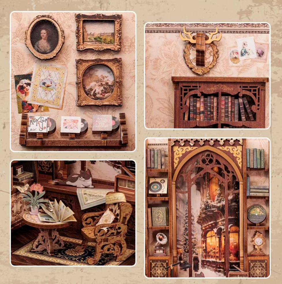 May include: A miniature dollhouse with a detailed interior, featuring a bookshelf with books, a fireplace, a window with a snowy scene, and a small table with a chair. The dollhouse is made of wood and has a rustic, vintage aesthetic.