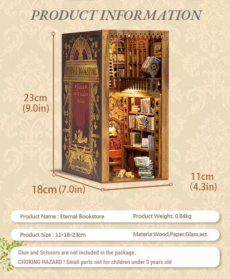 May include: A miniature dollhouse shaped like a book, with the title "Eternal Bookstore" on the cover. The dollhouse is open to reveal a detailed interior with shelves of books, a ladder, and a small table with a lamp. The dollhouse is 9 inches tall, 7 inches wide, and 4.3 inches deep.