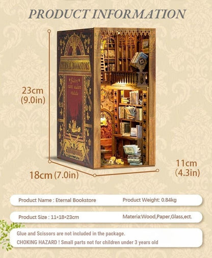 May include: A miniature dollhouse shaped like a book, with the title "Eternal Bookstore" on the cover. The dollhouse is open to reveal a detailed interior with shelves of books, a ladder, and a small table with a lamp. The dollhouse is 9 inches tall, 7 inches wide, and 4.3 inches deep.