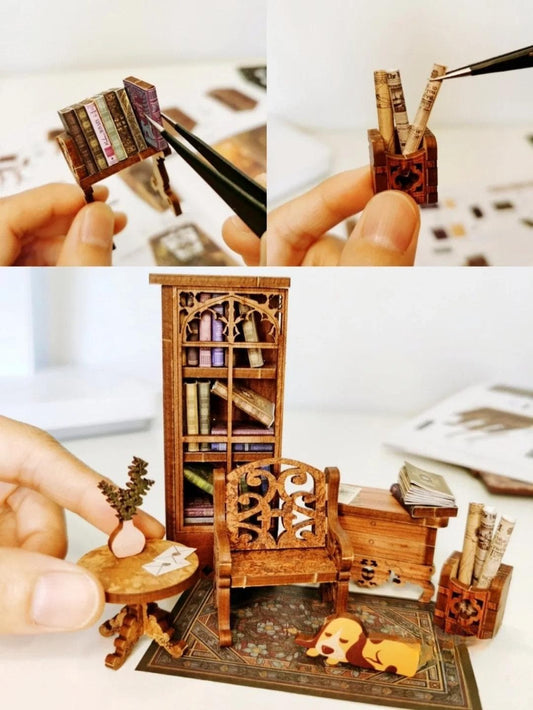 May include: A miniature wooden dollhouse furniture set with a bookshelf, chair, table, and dog figurine. The furniture is painted in a dark brown wood finish and features intricate details. The set includes a small rug with a floral pattern.