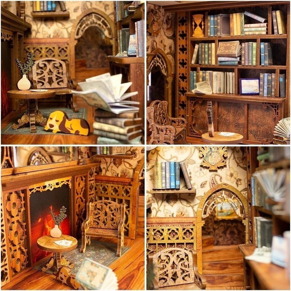 May include: A miniature dollhouse room with a fireplace, bookshelves, and furniture. The room is decorated with a floral wallpaper and a wooden floor. There is a dog figurine on the floor.