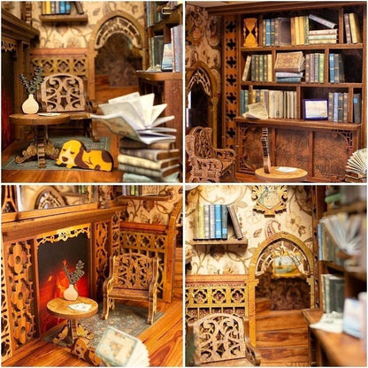 May include: A miniature dollhouse room with a fireplace, bookshelves, and furniture. The room is decorated with a floral wallpaper and a wooden floor. There is a dog figurine on the floor.