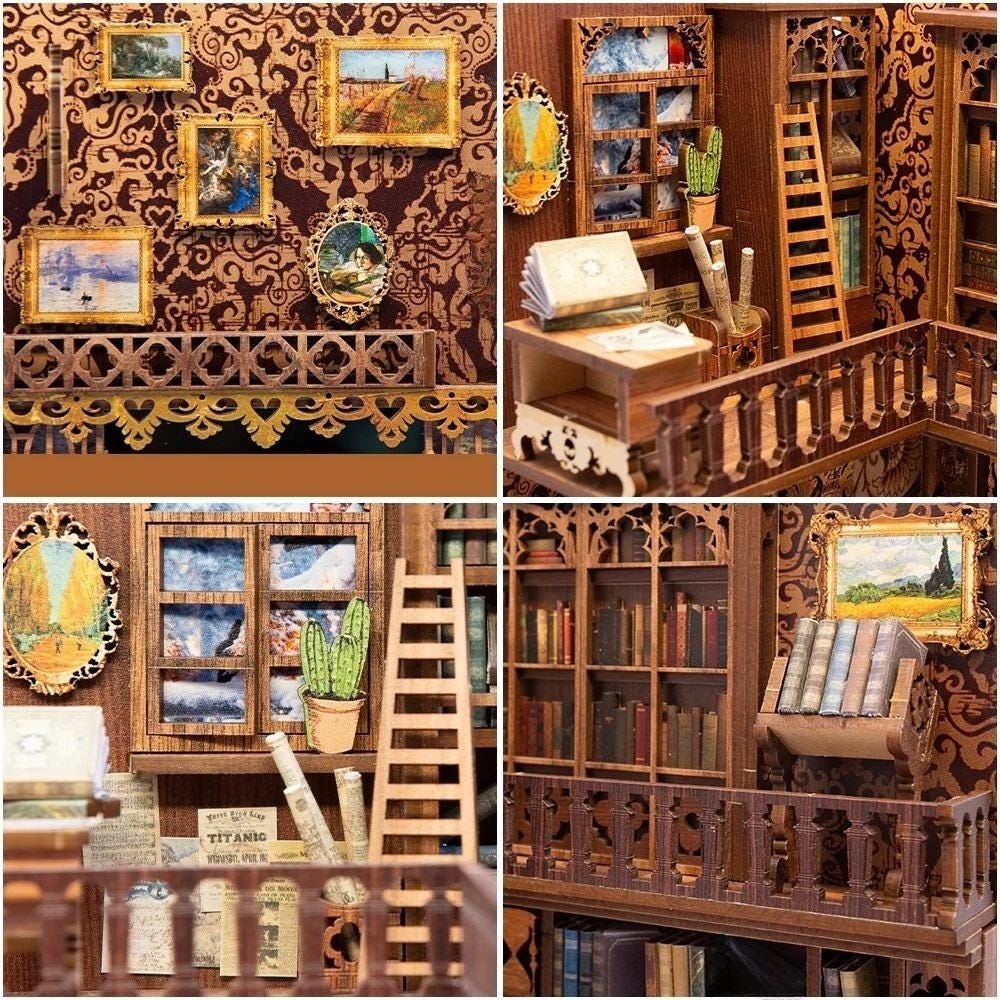 May include: A miniature wooden dollhouse with a library theme. The dollhouse features a wooden ladder, bookshelves filled with books, and a balcony with a railing. The dollhouse is decorated with miniature furniture and accessories.
