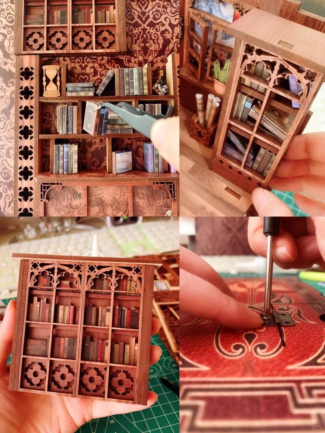 May include: A miniature wooden bookshelf with intricate details and a gothic design. The bookshelf is filled with miniature books and has a small hourglass on the top shelf.
