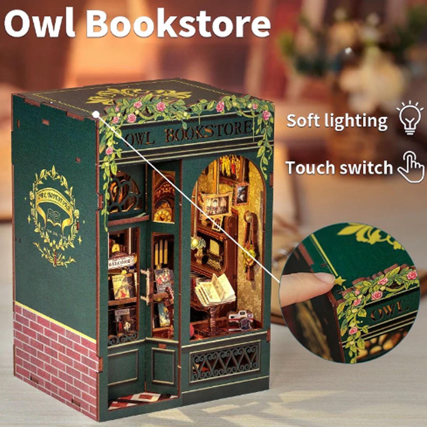 May include: A miniature wooden model of a bookstore with a green exterior and the words "Owl Bookstore" above the entrance. The bookstore has a window with a view of the interior, which includes bookshelves, a desk, and a chair. The model has a touch switch and soft lighting.