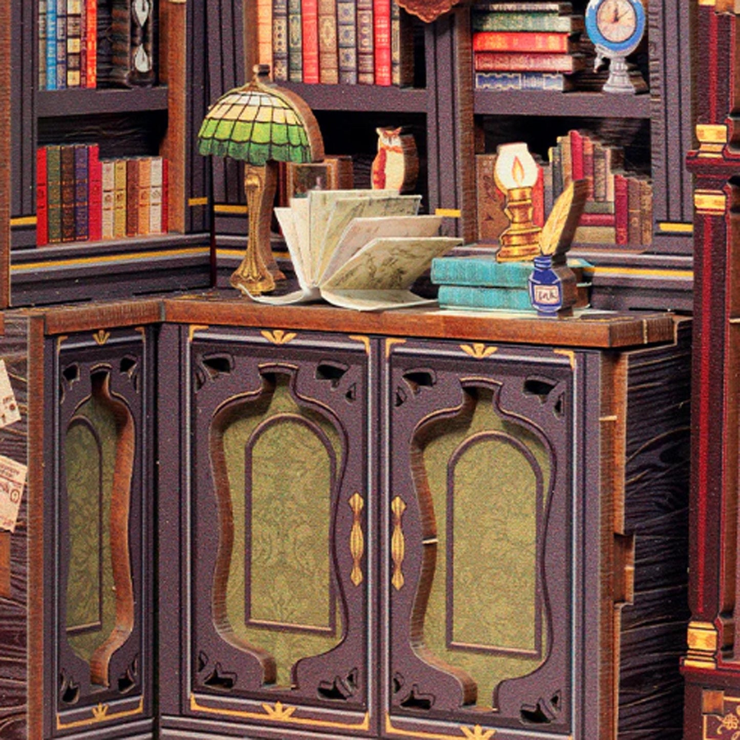 May include: A wooden bookshelf with two glass-paned doors, featuring intricate carvings and a dark brown finish. The shelves are filled with books, and there are decorative elements like a lamp, a bird figurine, and a stack of books.