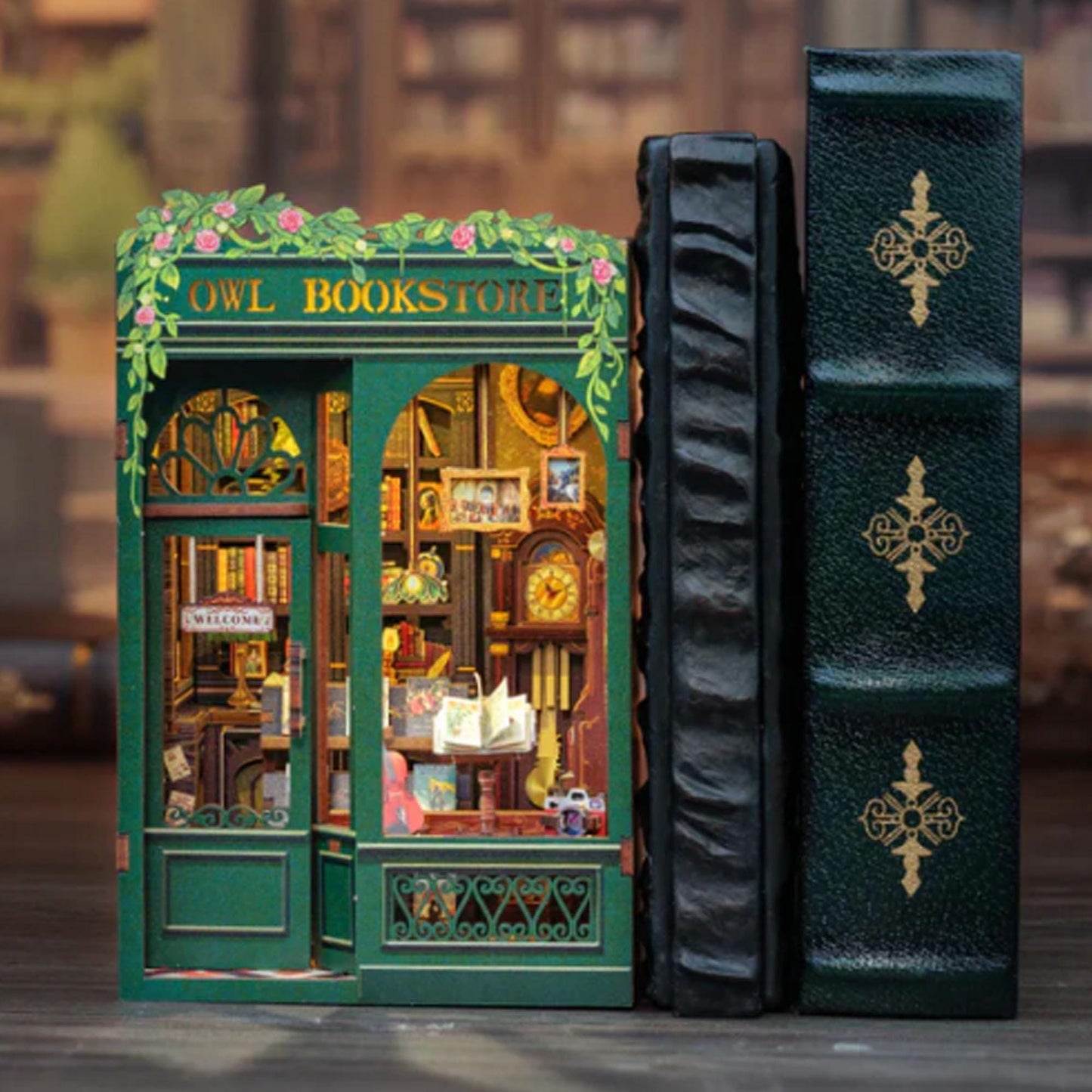 Illuminated Owl Bookstore Miniature Kit, DIY 3D Wooden Puzzle Book Nook with LED Lights for Dollhouse Decor image 3