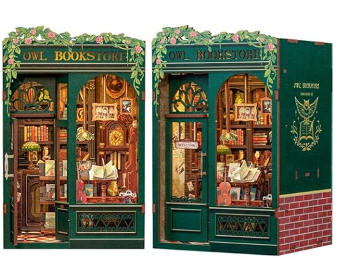 May include: A wooden model of a green storefront with the words "Owl Bookstore" above the entrance. The storefront has a window display with books, a clock, and other items. The side of the building has a brick wall and an owl logo with the words "Owl Bookstore".