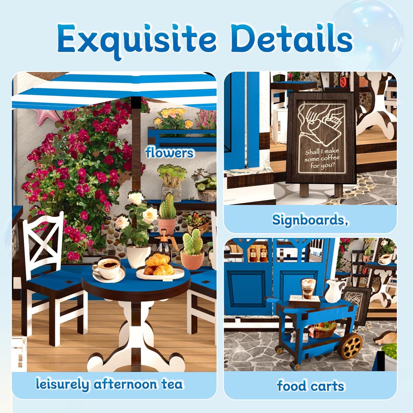 May include: A miniature cafe scene with blue and white accents. The image includes a table setting for afternoon tea, a food cart, and a sign that says "Shall I make some coffee for you?" The scene is decorated with flowers.