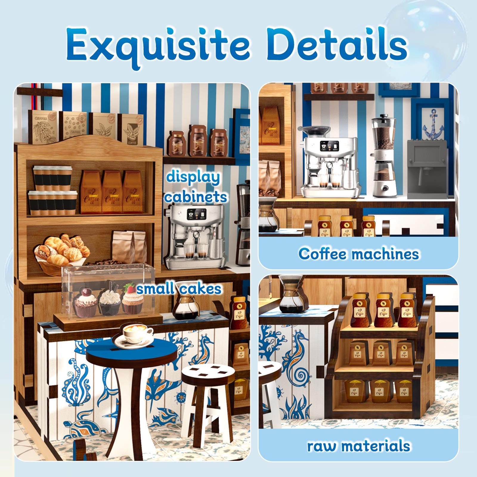 May include: A miniature coffee shop scene with the text "Exquisite Details." The scene includes display cabinets, coffee machines, small cakes, raw materials, and a small table and stools. The color scheme is blue, white, and brown.