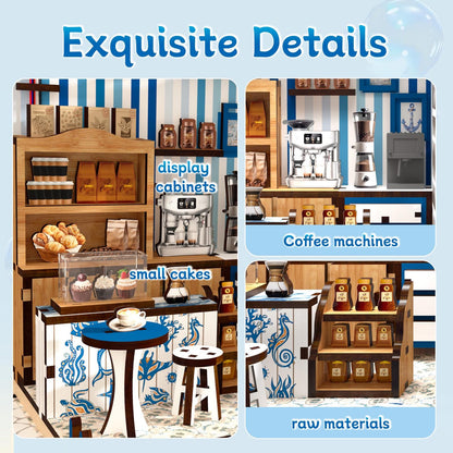 May include: A miniature coffee shop scene with the text "Exquisite Details." The scene includes display cabinets, coffee machines, small cakes, raw materials, and a small table and stools. The color scheme is blue, white, and brown.