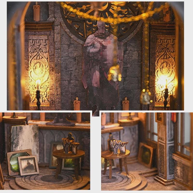 May include: A miniature diorama of a stone interior with a statue, candles, and artwork. The scene is lit by warm candlelight, creating a mystical atmosphere. Small wooden tables and framed pictures add detail to the setting.