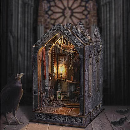 May include: A miniature gothic-style dollhouse with intricate architectural details, including arched windows and decorative trim. The interior is illuminated, showcasing a detailed room with furniture and artwork. A raven stands in the foreground.