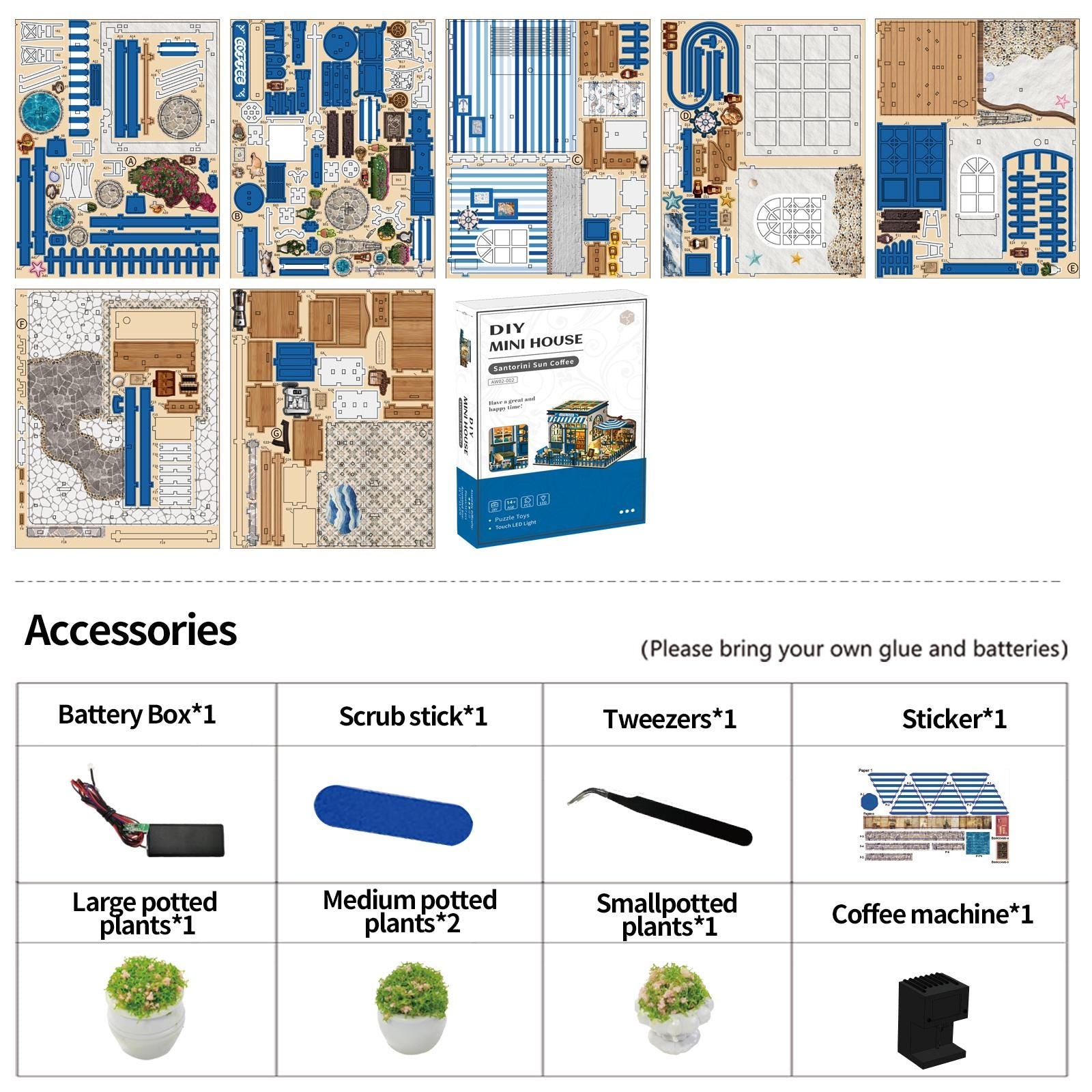 May include: A DIY Mini House kit with various wooden pieces, accessories, and a box. The kit includes a battery box, scrub stick, tweezers, stickers, potted plants, and a coffee machine. The box features an image of a finished miniature house.