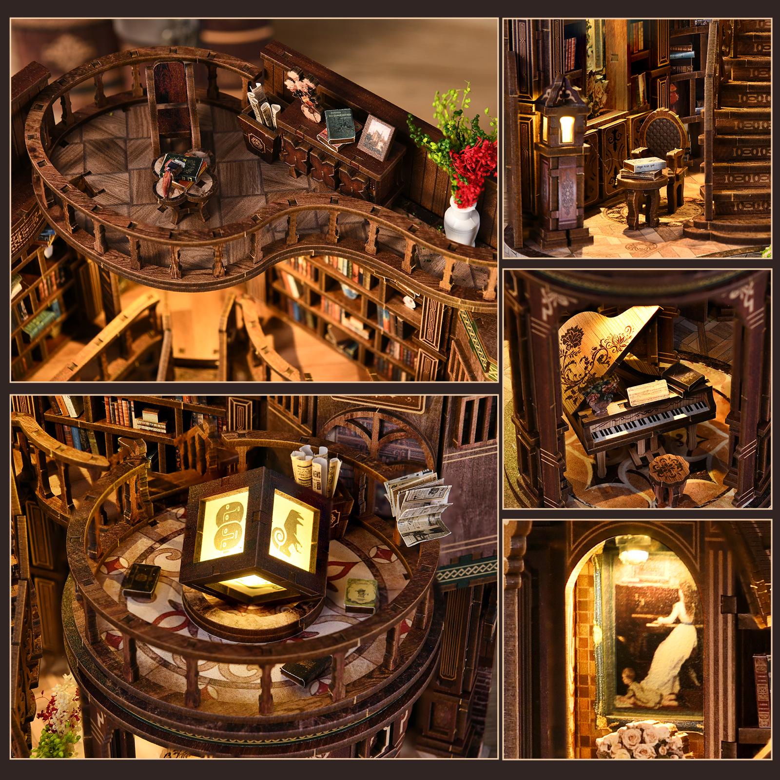 May include: A detailed wooden miniature library with multiple levels, bookshelves, and a grand piano. The model features a central illuminated lantern, a reading area, and decorative elements like flowers and books. The overall color scheme is warm brown.