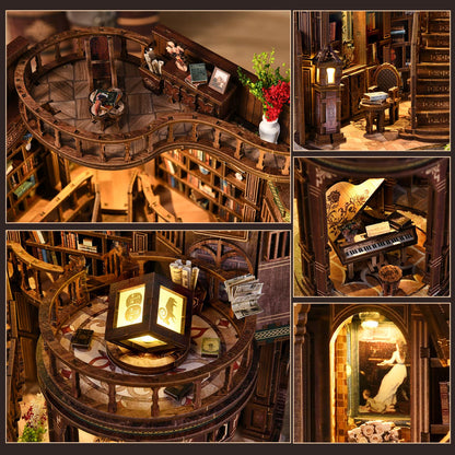 May include: A detailed wooden miniature library with multiple levels, bookshelves, and a grand piano. The model features a central illuminated lantern, a reading area, and decorative elements like flowers and books. The overall color scheme is warm brown.