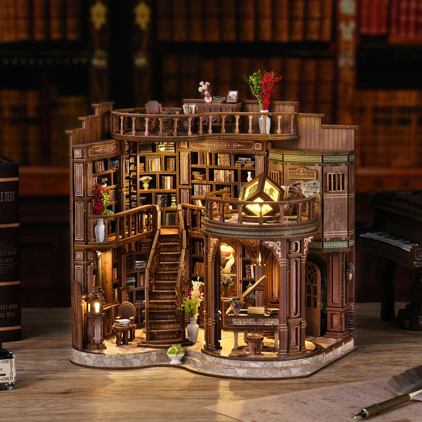 May include: A detailed wooden miniature library with multiple levels, stairs, and balconies. The model features intricate bookshelves filled with tiny books, decorative lighting, and miniature furniture. The overall color scheme is warm brown with accents of green and red.