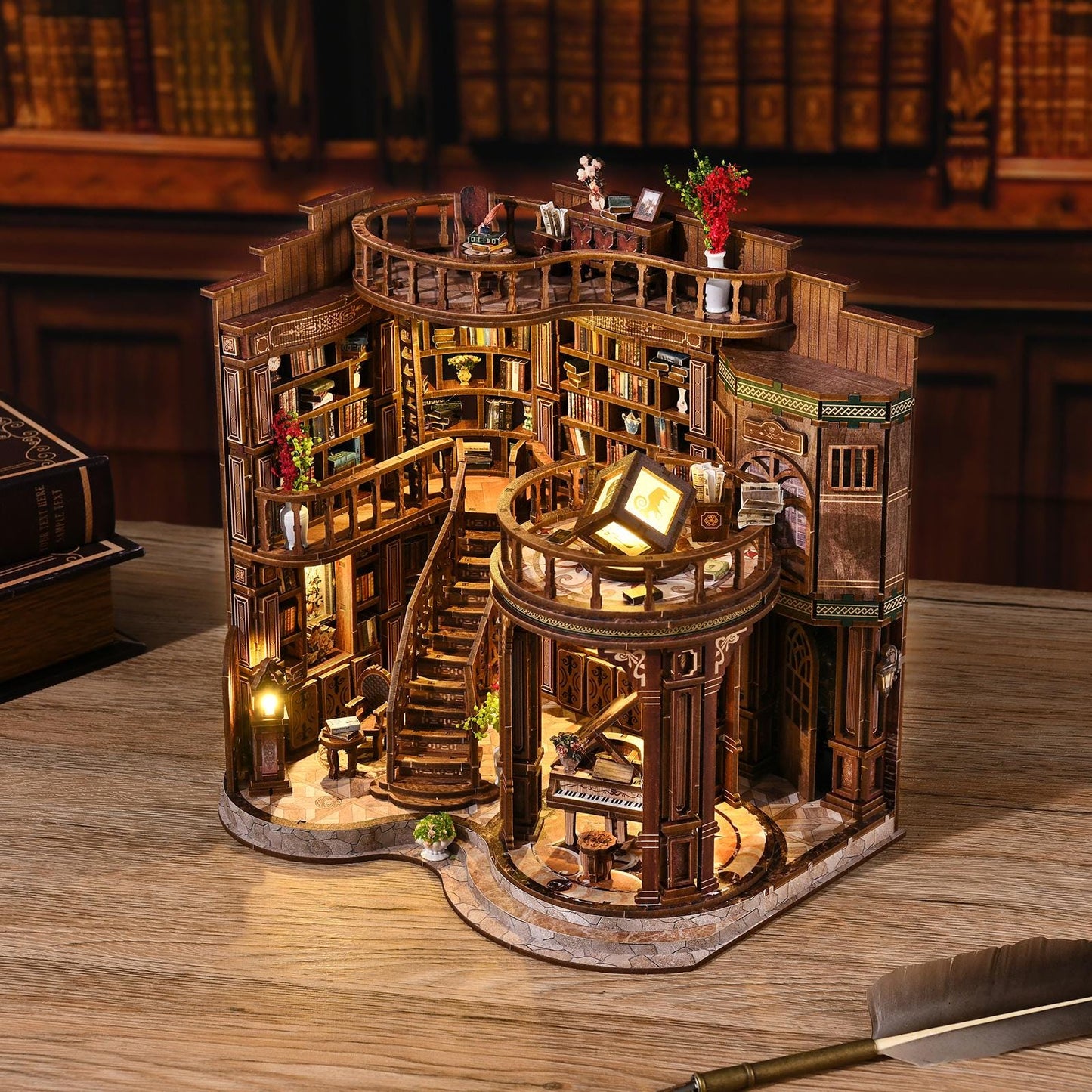 May include: A detailed wooden miniature library with multiple levels, staircases, and balconies. The model features a piano, bookshelves, and decorative elements. Warm lighting illuminates the interior, creating a cozy atmosphere. The overall design is intricate and elegant.