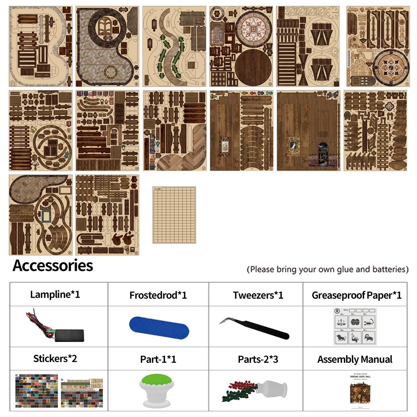 May include: A disassembled wooden model kit with various brown pieces, accessories, and an assembly manual. The kit includes a lampline, frosted rod, tweezers, greaseproof paper, stickers, and other parts. Text on the image reads "Accessories" and "Please bring your own glue and batteries."