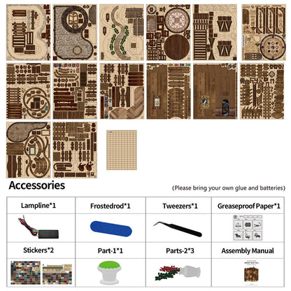 May include: A disassembled wooden model kit with various brown pieces, accessories, and an assembly manual. The kit includes a lampline, frosted rod, tweezers, greaseproof paper, stickers, and other parts. Text on the image reads "Accessories" and "Please bring your own glue and batteries."