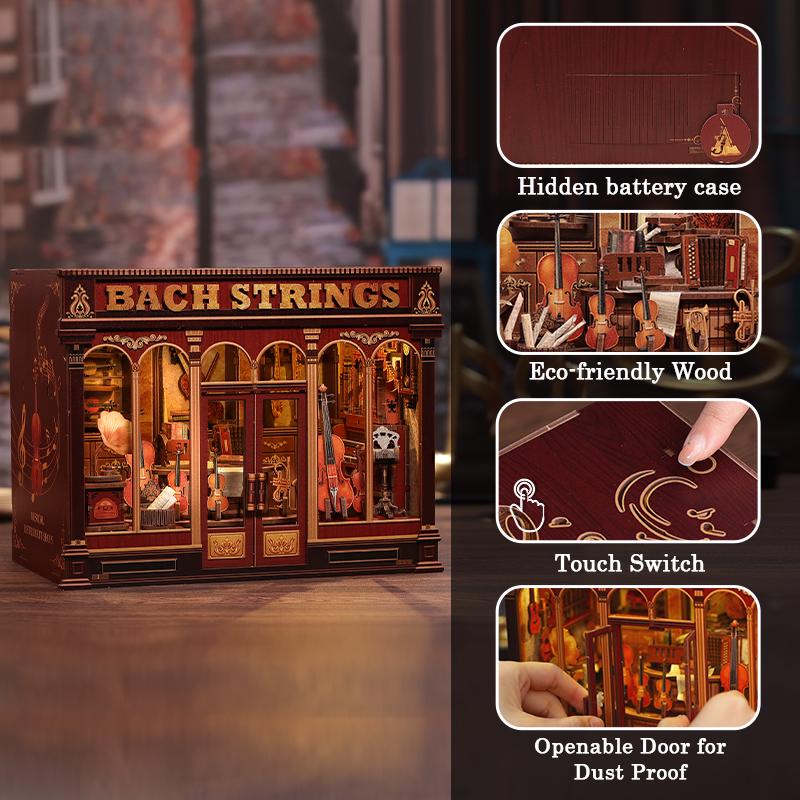 May include: A miniature wooden model of a shop called "Bach Strings" with a detailed facade. The model features a touch switch, an openable door, and a hidden battery case. The shop is filled with miniature stringed instruments and is made of eco-friendly wood.