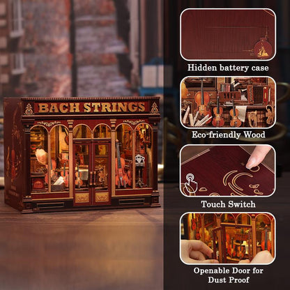 May include: A miniature wooden model of a shop called "Bach Strings" with a detailed facade. The model features a touch switch, an openable door, and a hidden battery case. The shop is filled with miniature stringed instruments and is made of eco-friendly wood.