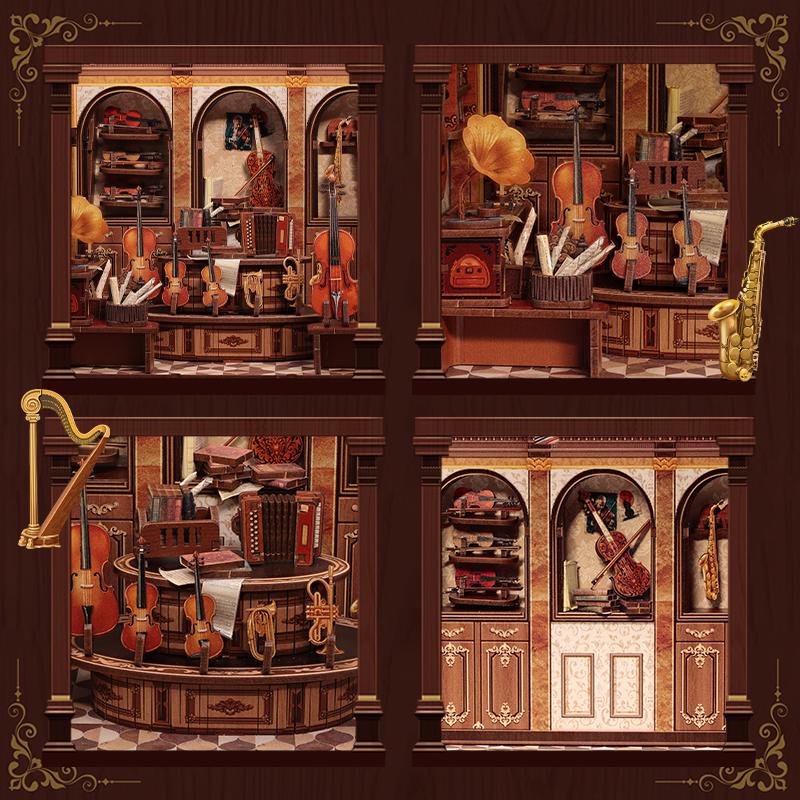 May include: A detailed miniature diorama of a musical instrument shop, featuring violins, a harp, and a saxophone. The scene is set in a warm, inviting space with wooden accents and vintage decor. The shop is filled with various instruments.