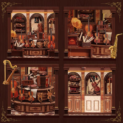 May include: A detailed miniature diorama of a musical instrument shop, featuring violins, a harp, and a saxophone. The scene is set in a warm, inviting space with wooden accents and vintage decor. The shop is filled with various instruments.