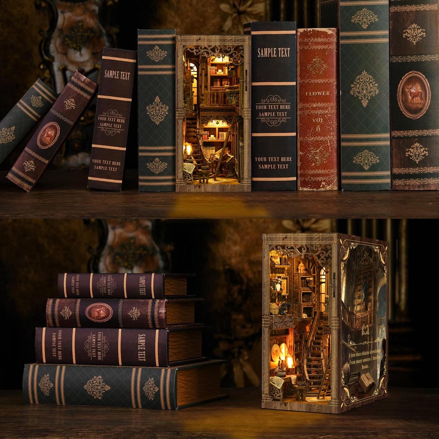 May include: A detailed wooden diorama of a library scene, lit with warm lights, set amongst a collection of decorative books. The books have various colors and textures, with some featuring the text "SAMPLE TEXT".