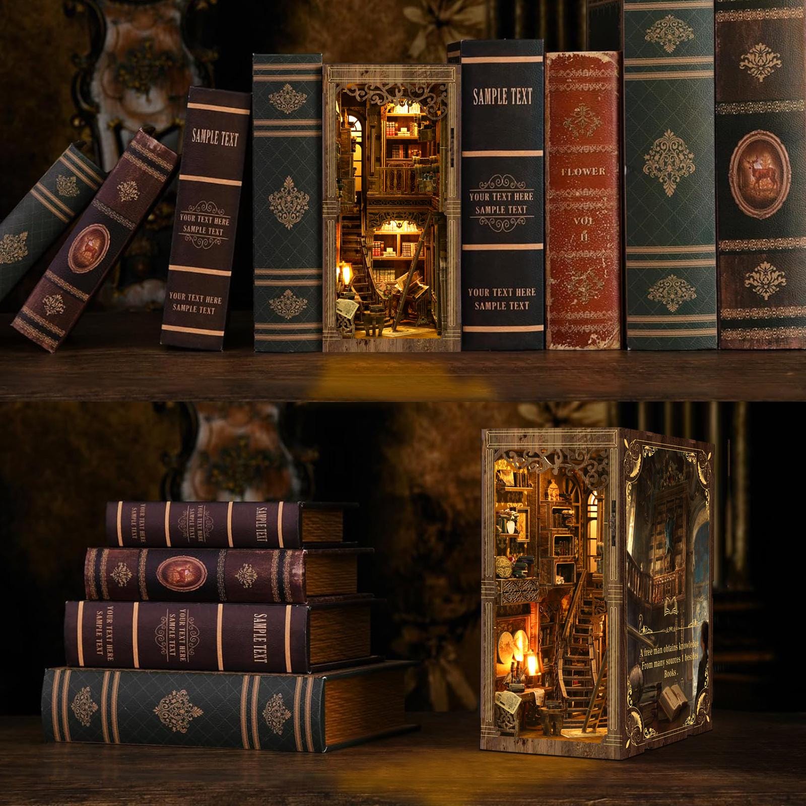 May include: A detailed wooden diorama of a library scene, lit with warm lights, set amongst a collection of decorative books. The books have various colors and textures, with some featuring the text "SAMPLE TEXT".