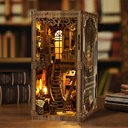 May include: A detailed wooden bookshelf model depicting a miniature library interior with stairs, shelves, and a window. The model is illuminated, creating a warm glow. The color palette is primarily brown and gold, with intricate carvings.
