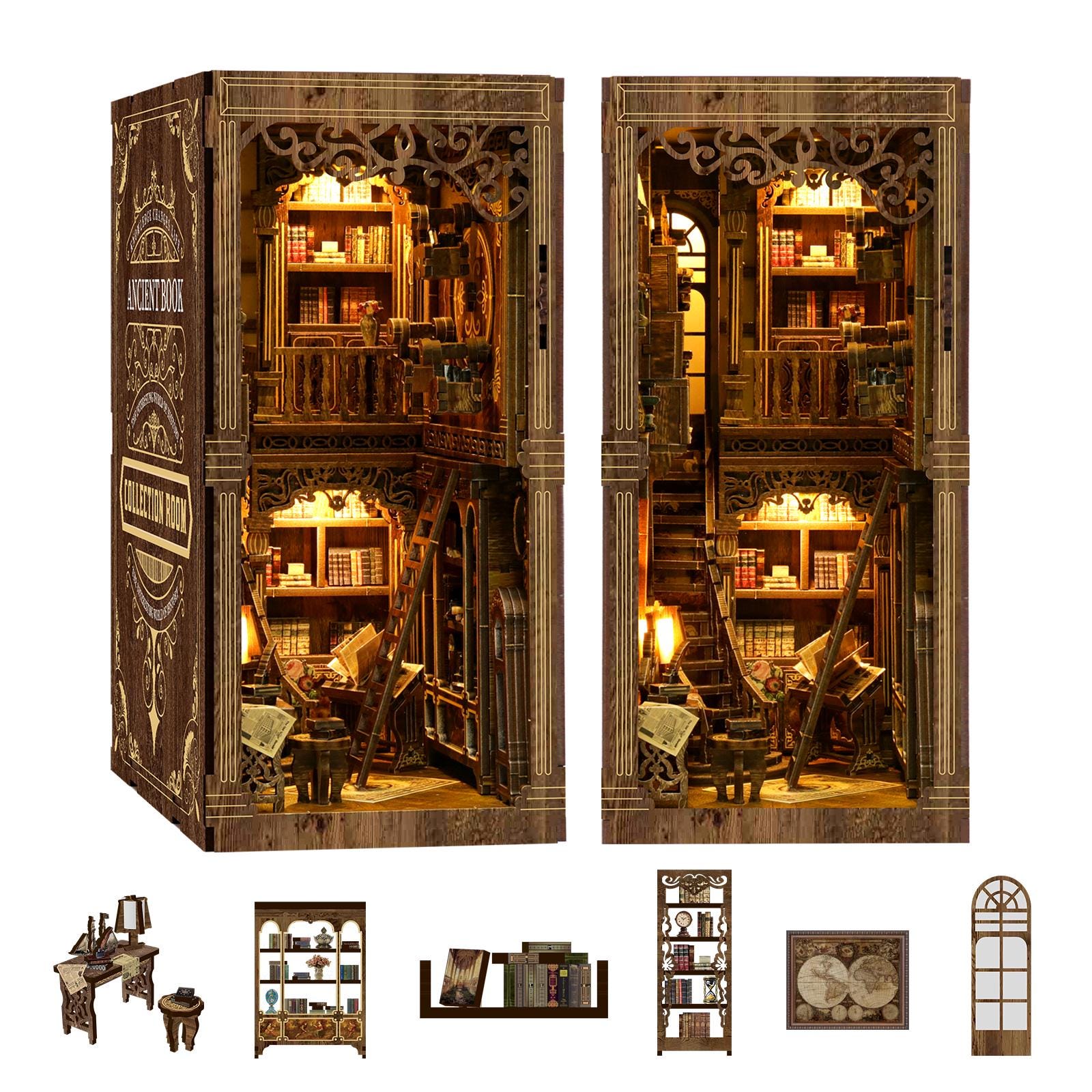 May include: Detailed wooden miniature bookshelf model with a multi-level design, tiny books, a ladder, and warm lighting. Additional miniature furniture and decorative elements create a cosy, vintage library scene. Includes a miniature desk, shelves, and a world map.