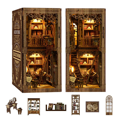 May include: Detailed wooden miniature bookshelf model with a multi-level design, tiny books, a ladder, and warm lighting. Additional miniature furniture and decorative elements create a cosy, vintage library scene. Includes a miniature desk, shelves, and a world map.