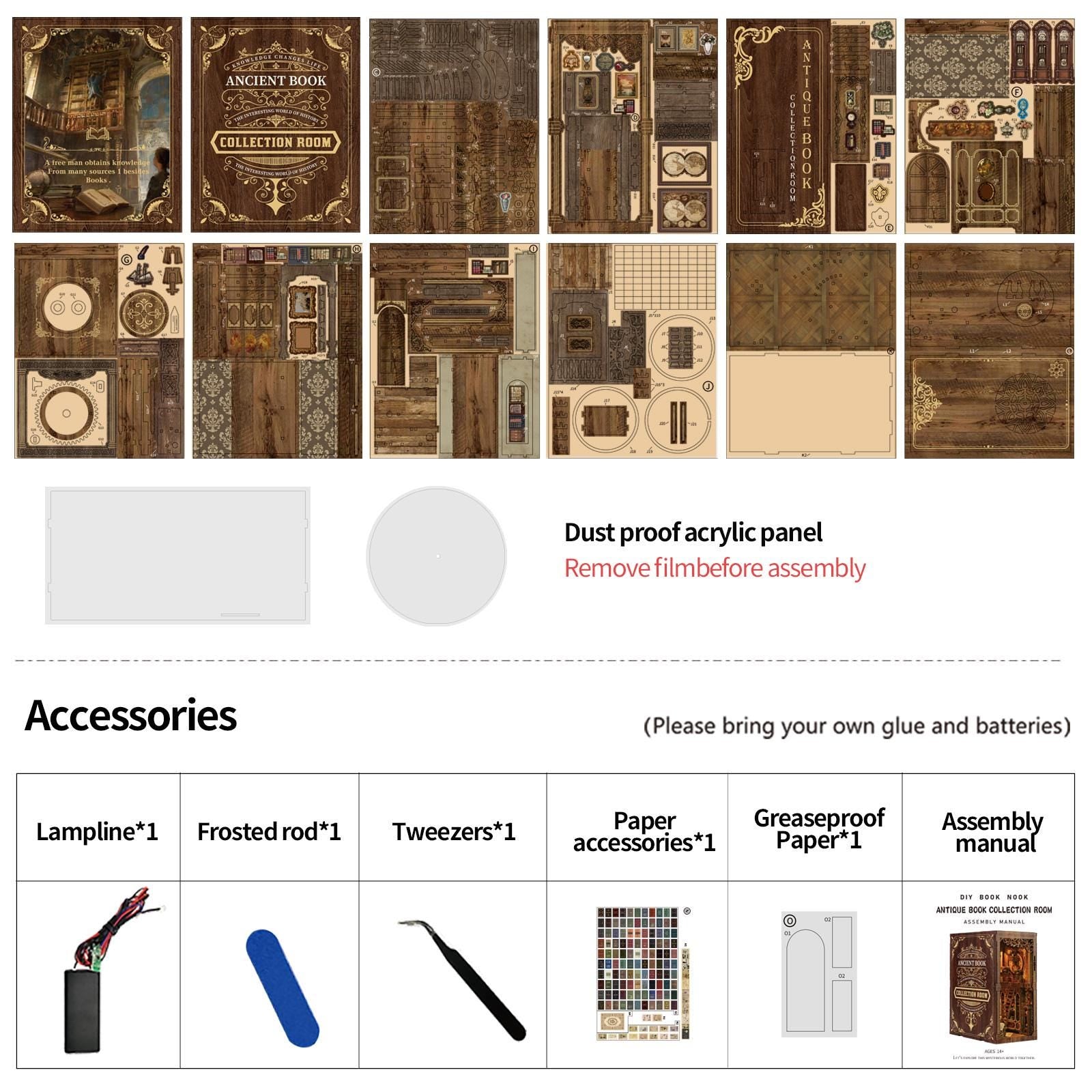 May include: A selection of miniature wooden components and accessories for an "Ancient Book Collection Room" model kit. Features laser-cut wooden panels, a dust-proof acrylic panel, and accessories such as a lampline, tweezers, and paper accessories.