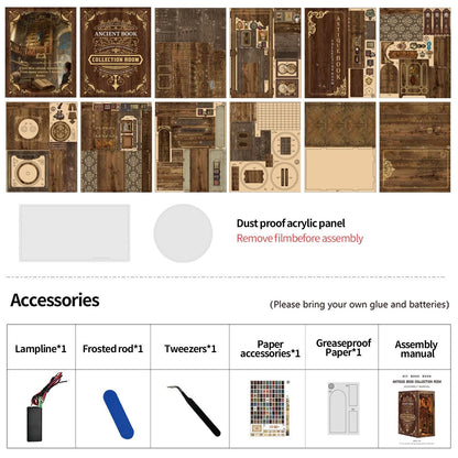 May include: A selection of miniature wooden components and accessories for an "Ancient Book Collection Room" model kit. Features laser-cut wooden panels, a dust-proof acrylic panel, and accessories such as a lampline, tweezers, and paper accessories.