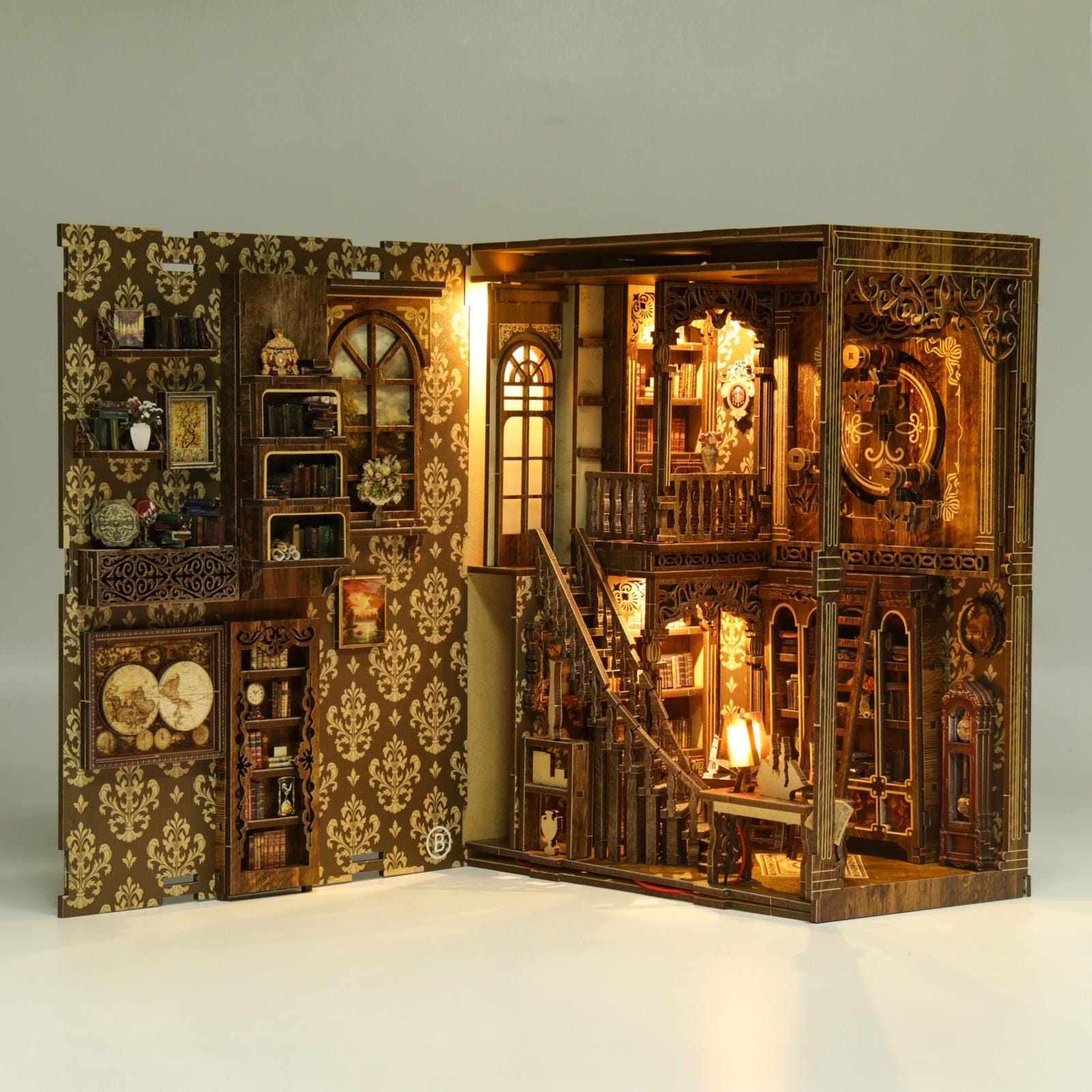 May include: A miniature wooden library dollhouse, intricately designed with multiple rooms, bookshelves, and a staircase. The structure features decorative wall panels and warm lighting, showcasing the detailed craftsmanship and antique theme.
