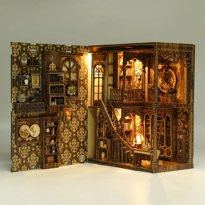 May include: A miniature wooden library dollhouse, intricately designed with multiple rooms, bookshelves, and a staircase. The structure features decorative wall panels and warm lighting, showcasing the detailed craftsmanship and antique theme.
