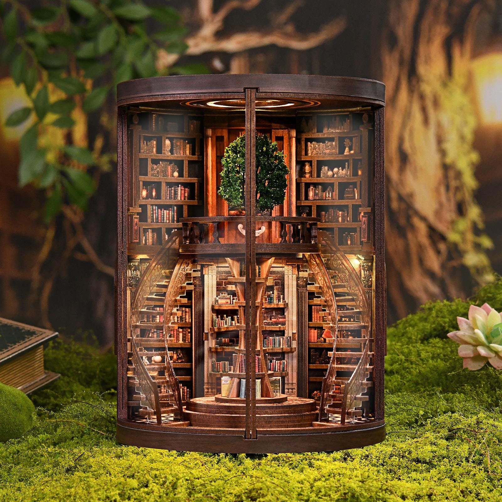 May include: A miniature wooden bookshelf diorama with a spiral staircase and a small tree. The interior is filled with tiny books and warm lighting. The exterior is a dark brown color, and the diorama is set on a bed of green moss.