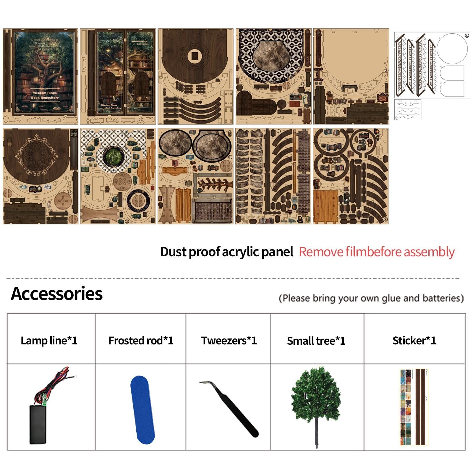 May include: A wooden model kit with various cut-out pieces, accessories, and the text "Dust proof acrylic panel Remove filmbefore assembly". Accessories include a lamp line, frosted rod, tweezers, small tree, and sticker.