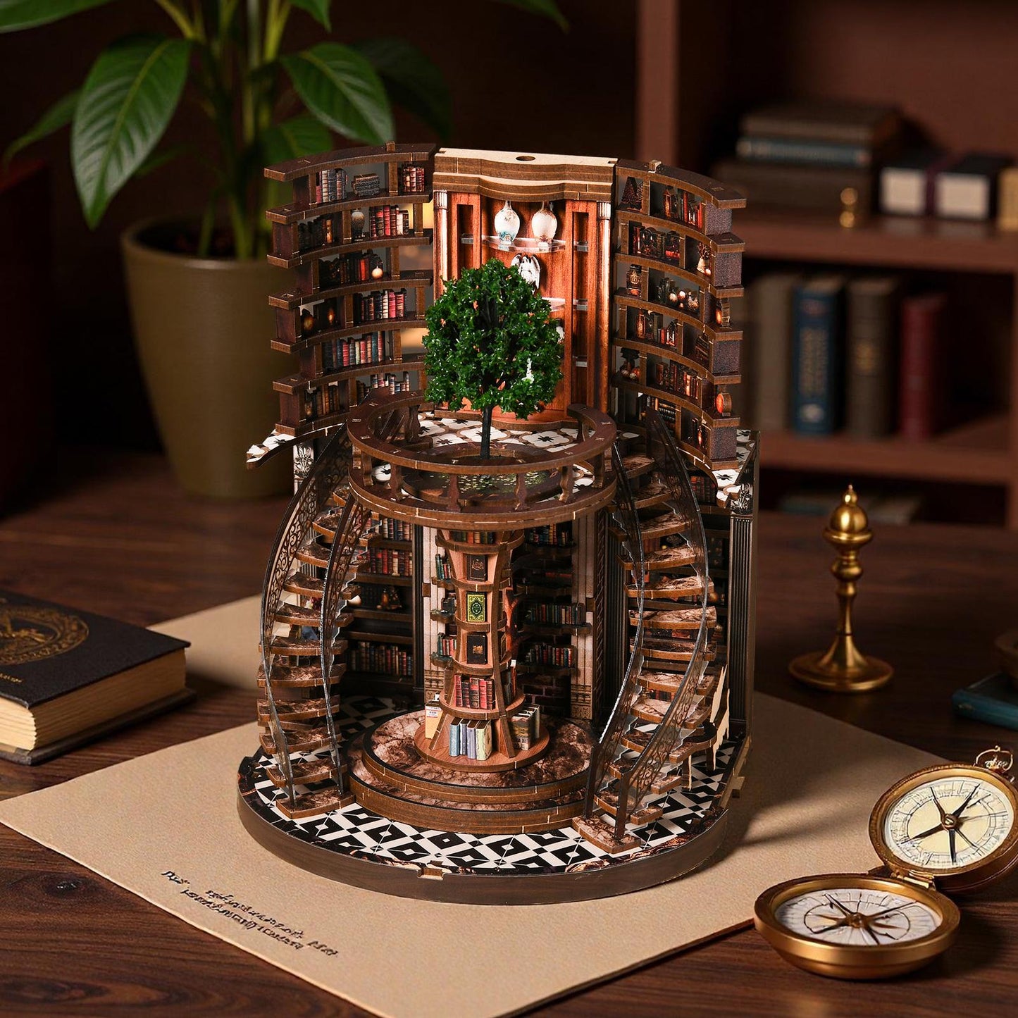 May include: A detailed wooden model of a library with multiple levels, spiral staircases, and bookshelves. A small tree sits in the center of the structure. The model is on a table with a compass and a book.