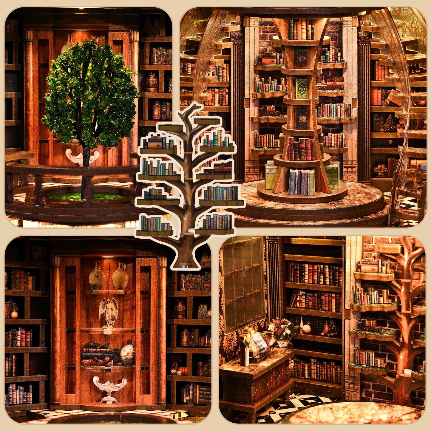 May include: A collage of miniature library scenes. One scene features a tree-shaped bookshelf. Other scenes show bookshelves filled with books, a central tiered display, and decorative elements. The color palette is warm, with wood tones and touches of green.